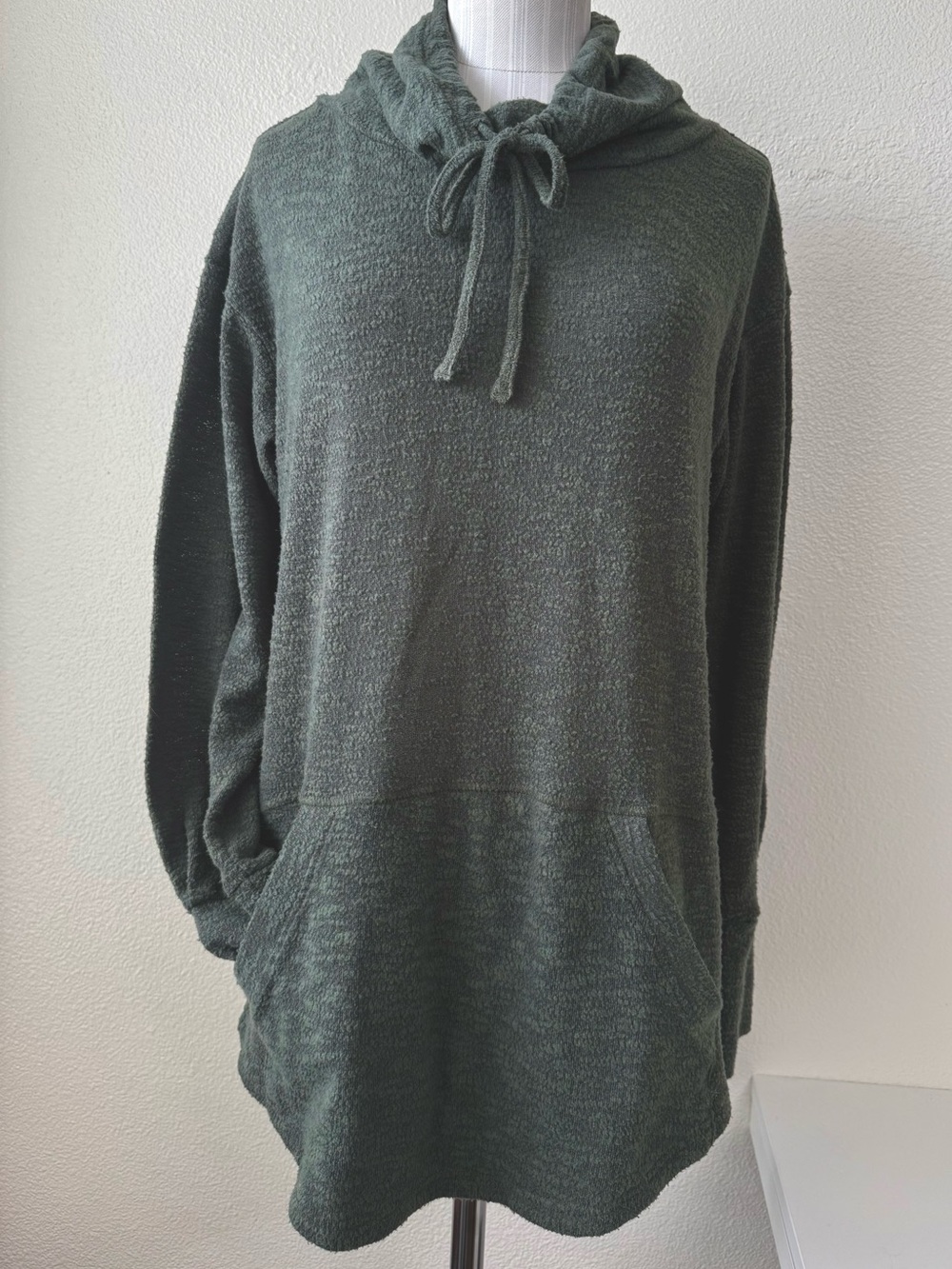 prAna Bouclé Cowl Neck Pullover Sweater Marled Olive Green Kangaroo Pocket Small